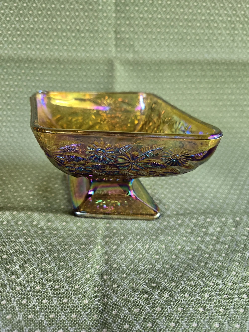 Indian Glass Iridescent Carnival Glass Pedestal Dish